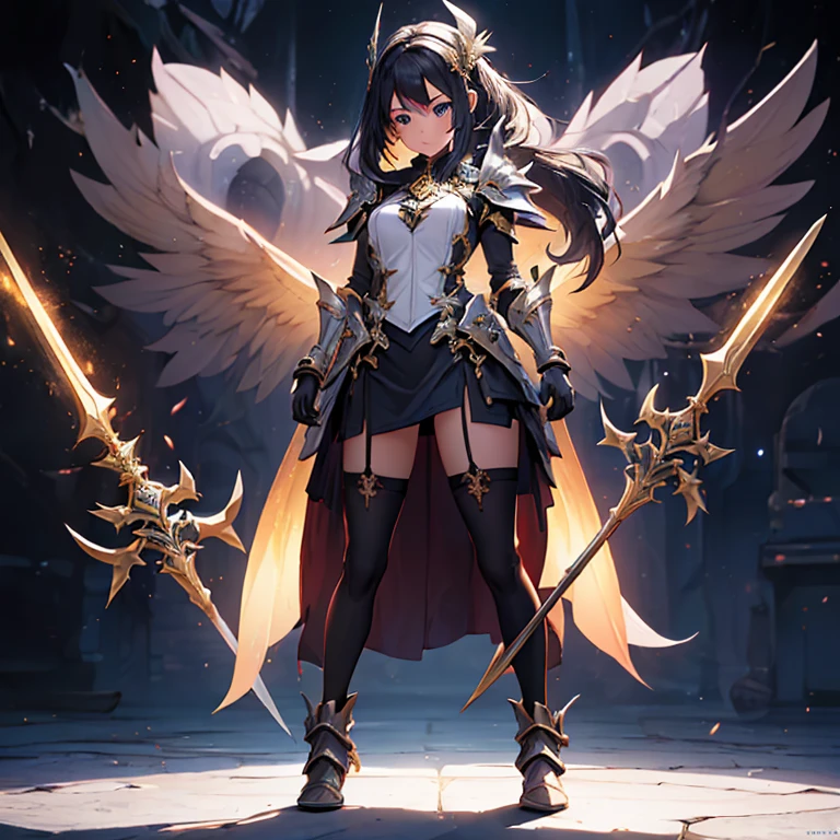 Design a layout showcase Gaming character, (1girl). Golden+Purle clothes, stylish and unique, ((showcase weapon:1.4)), magic staff, (masterpiece:1.2), (best quality), 4k, ultra-detailed, (Step by step design, layout art:1.5), (luminous lighting, atmospheric lighting), magican, ((glove full hands)), (((revealing clothes:1.3))), vambraces, armored legwear, (((full_body_shot:1.4)))