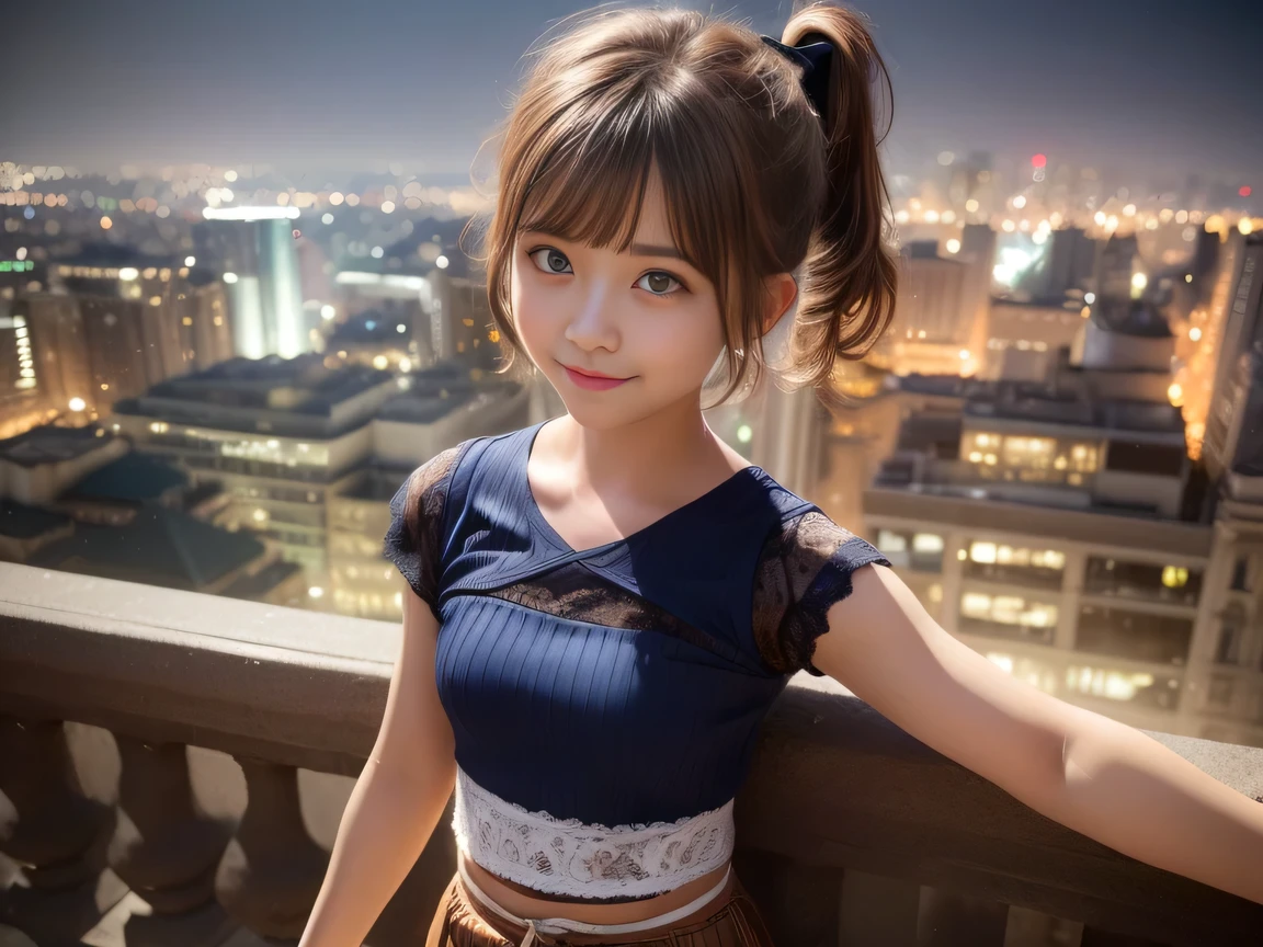 Ultra HD,(8)k,(1 Female:1.2 Beautiful and natural、High quality texture, Intricate details, Fine texture, High Detail, Highly detailed CG, High Quality Shadows, Realistic facial expressions, Beautiful and delicate face down to the last detail, Beautiful and delicate eyes, Brown pupil,((15 years old)) A perfectly balanced face, Depth of written boundary, Cinematic Light, Lens flare, Ray Tracing,perspective, (Big eyes:1.2),Blushing cheeks, Perfect body,(Dutch Angle,Excellent anatomy,, elegant,( Bright colors), 、Waist、Small Mouth、 Beautifully detailed face, Detailed cloth texture, Detailed hair texture, Accurate, Anatomically correct, Highly detailed face and skin texture,(( One Girl)), cute、(Ultra short hair)((Short ponytail))、 A shy smile, Brown Hair、Deep blue eyes、((Short sleeve lace top))、((Ultra mini skirt:1.2))、((Night cityscape))、 Perfect body,((Single))、