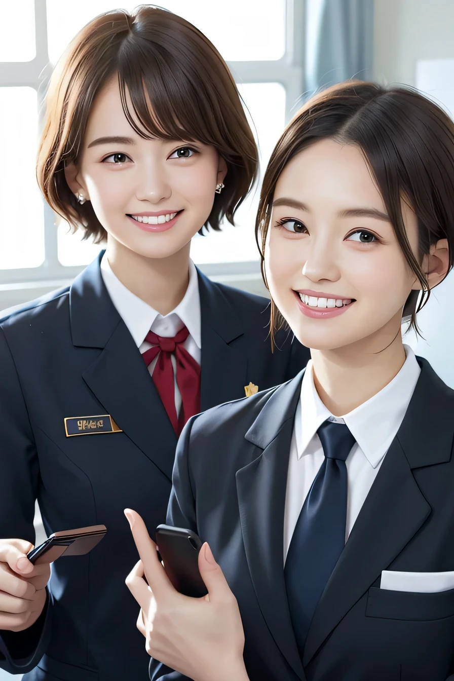 205 ((short hair)), １７Old woman, College uniforms、Blazer uniform、Worn uniform、smile、Beautiful teeth alignment、Black Hair、ear piercing、Looking into the camera, The background is the classroom