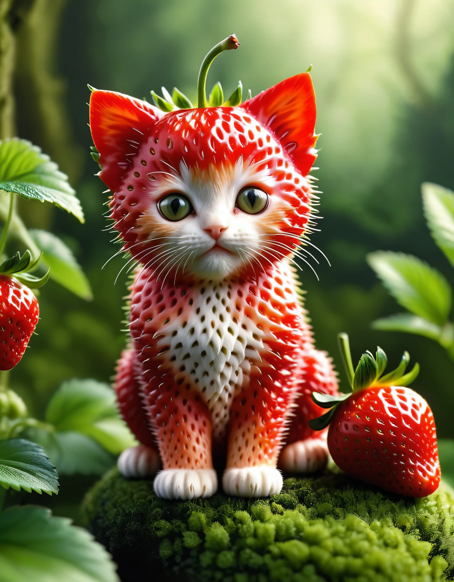 strwbrrxl, cat, detailed realistic close up of a strawberry shaped like a kitten, sitting, fantasy forest background, natural light, strwbrrxl
