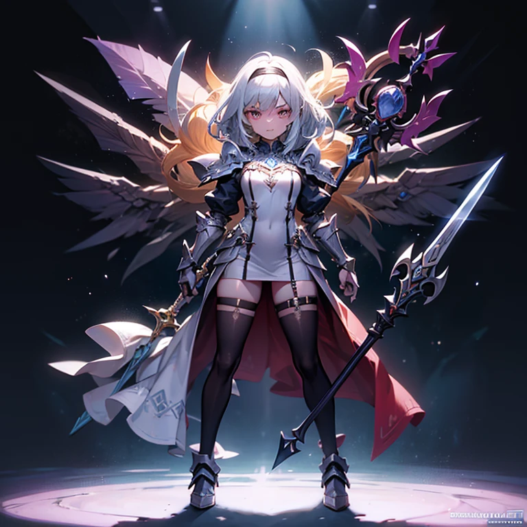 Design a layout showcase Gaming character, (1girl). Golden+Purle clothes, stylish and unique, ((showcase weapon:1.4)), magic staff, (masterpiece:1.2), (best quality), 4k, ultra-detailed, (Step by step design, layout art:1.5), (luminous lighting, atmospheric lighting), magican, ((glove full hands)), (((revealing clothes:1.3))), vambraces, armored legwear, (((full_body_shot:1.4)))