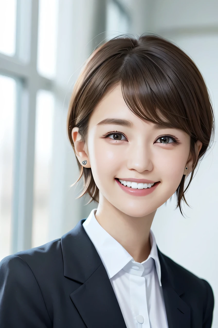 205 ((short hair)), １７Old woman, College uniforms、Blazer uniform、Worn uniform、smile、Beautiful teeth alignment、Black Hair、ear piercing、Looking into the camera, The background is the classroom