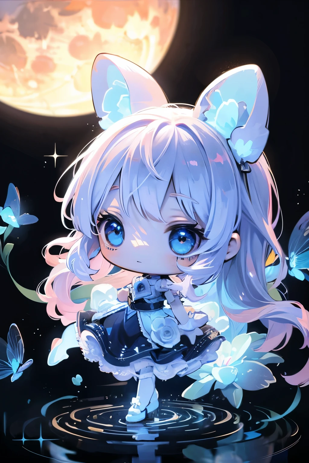 Photorealistic、Chibi Girl Doll(Enjoy the night view on the moon、Bioluminescence)