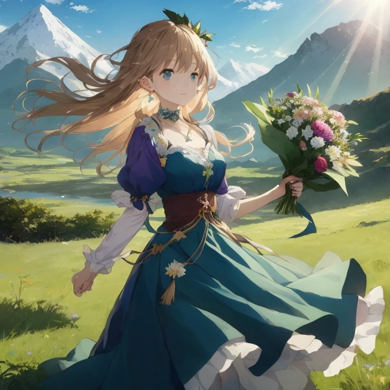 Anime girl in blue dress with bouquet of flowers, cushart krenz key art feminine, guweiz on pixiv artstation, girl of the alps, guweiz on artstation pixiv, guweiz, Beautiful maiden, Rin, epic light novel art cover, Violet Evergarden, in dress, Official art