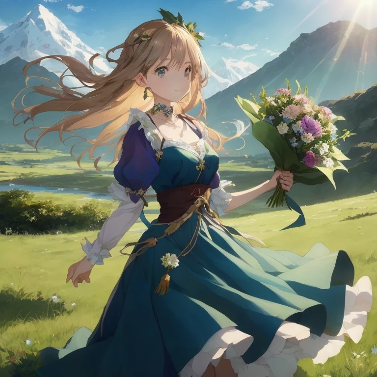 Anime girl in blue dress with bouquet of flowers, cushart krenz key art feminine, guweiz on pixiv artstation, girl of the alps, guweiz on artstation pixiv, guweiz, Beautiful maiden, Rin, epic light novel art cover, Violet Evergarden, in dress, Official art