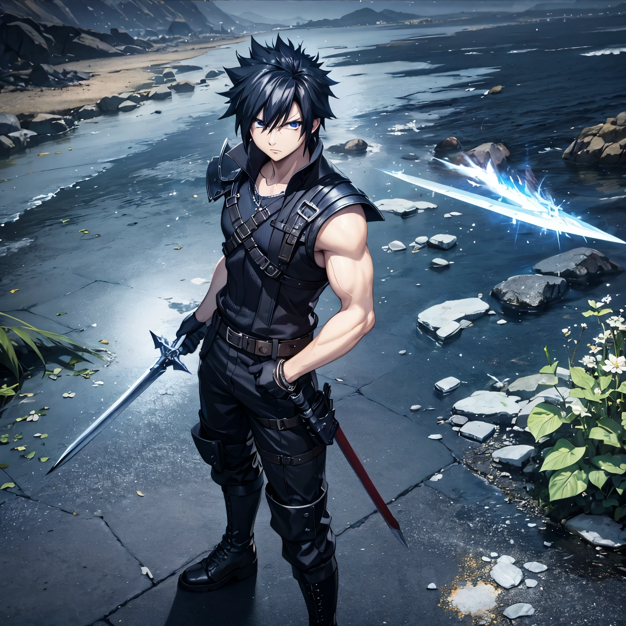 A man wearing a Final Fantasy VII (SQUARE ENIX) cloud strife costume, black steel bracelet, black hair, dark blue eyes, black boots, navy blue pants, navy blue sleeveless shirt, holding in both hands a long ice sword, standing postured with the sword, muscular. full body. shadow, flower, UHD, masterpiece, accurate, anatomically correct, textured skin, super detail, high quality, best quality, 8k, high resolution, bokeh effect. (man alone)
