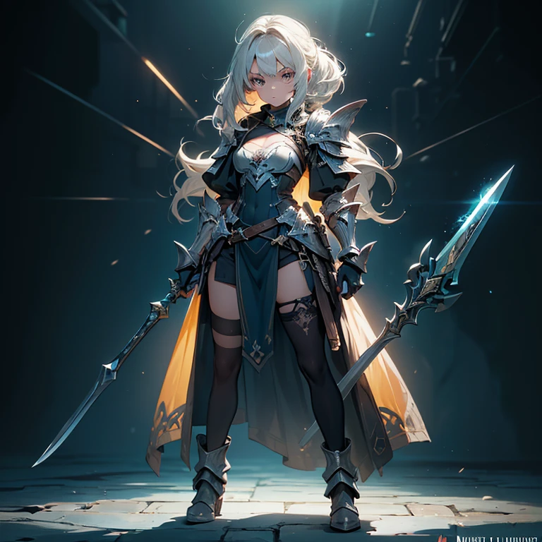 Design a layout showcase Gaming character, (1girl). Golden+Purle clothes, stylish and unique, ((showcase weapon:1.4)), magic staff, (masterpiece:1.2), (best quality), 4k, ultra-detailed, (Step by step design, layout art:1.5), (luminous lighting, atmospheric lighting), magican, ((glove full hands)), (((revealing clothes:1.3))), vambraces, armored legwear, (((full_body_shot:1.4)))