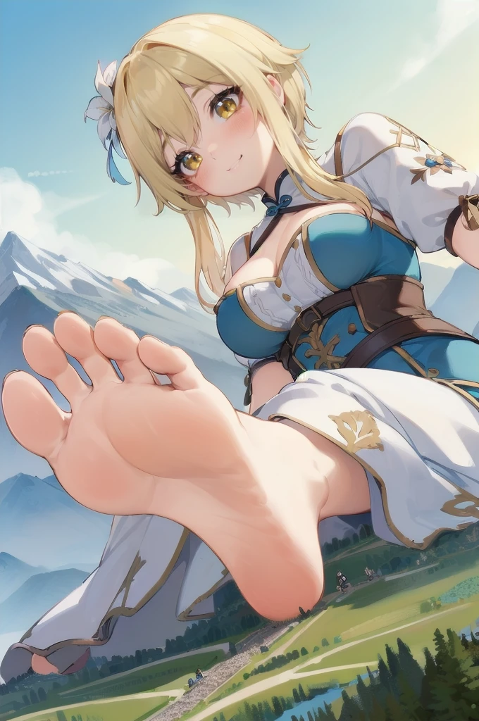 (tiny adventurers in mountains and hills in front of closeup breasts and face of a giantess: 1.5), closeup breasts and face, (from below view: 1.2), (big sized breasts) cleavage, (lumine, bangs, blonde hair, hair ornament, hair between eyes, yellow eyes, flower, hair flower, feather hair ornament,: 1.1), (medieval fantasy: 1.1), nipples, (fantasy outside: 1.1), (very low angle perspective: 1.2), (foot), barefoot, sitting, (tiny army from sky view: 1.1), (tiny army from sky view in front of closeup foot of a giantess: 1.1), (closeup long big foot: 1.4), (anorexic and skinny and tall: 1.2), (stepping on, foot step : 1.1)