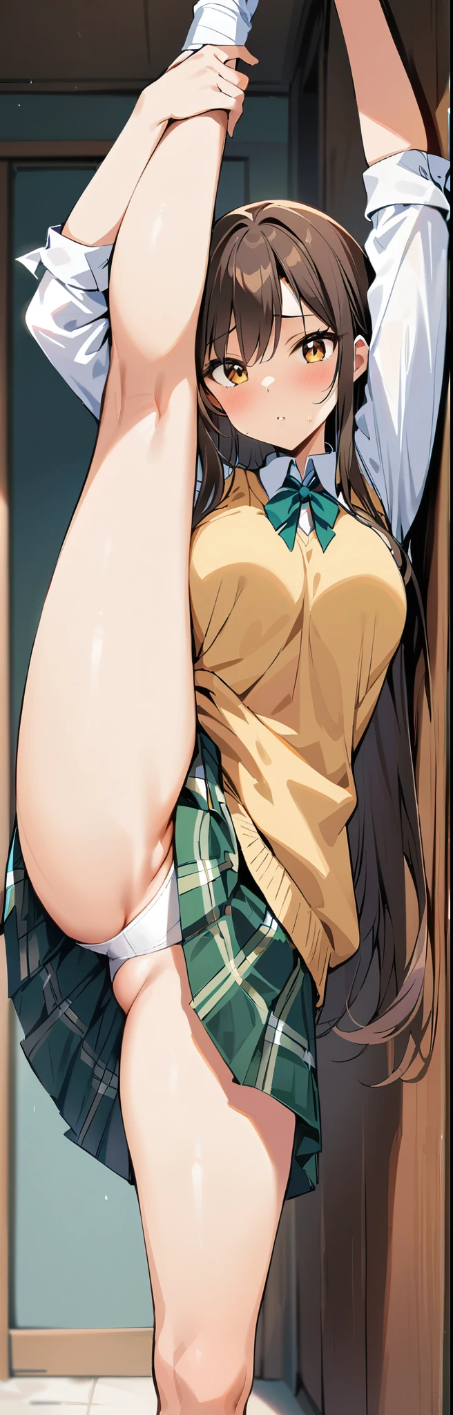 (masterpiece, best quality:1.2), 1girl, solo,standing_split,
Mikan Yuuki, brown eyes, brown hair, hair ornament,long hair,green plaid skirt, sainan high , , white shirt, yellow sweater vest,no
