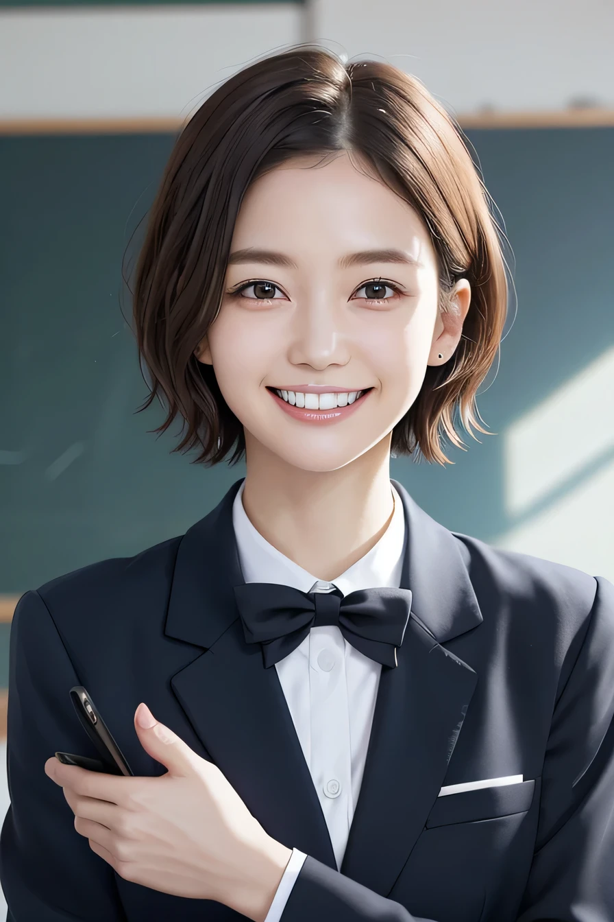 205 ((short hair)), 17Old woman, College uniforms、Blazer uniform、Worn uniform、smile、Beautiful teeth alignment、Black Hair、ear piercing、Looking into the camera, The background is the classroom