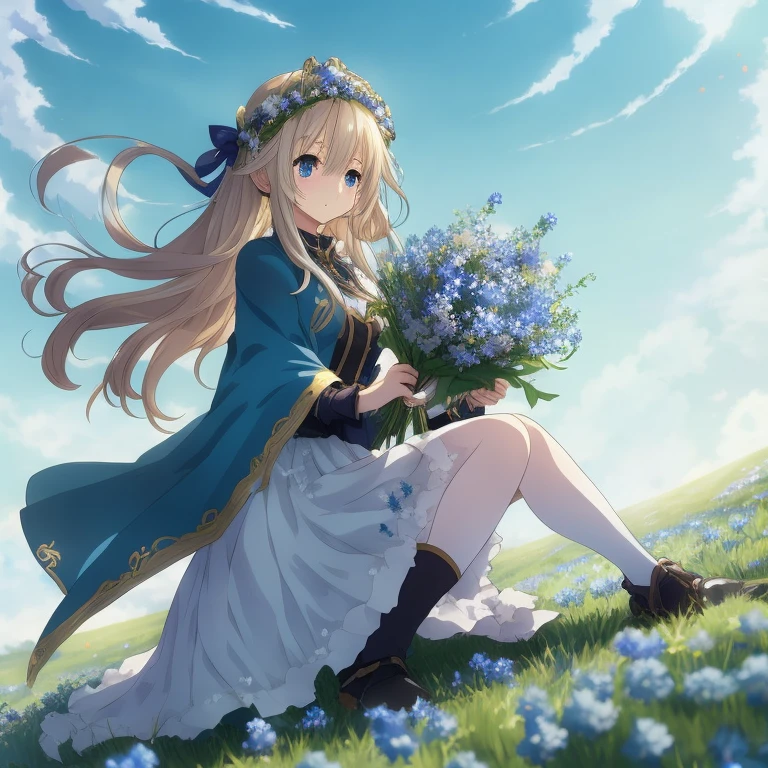 Woman sitting in flower garden wearing blue cloak, Violet Evergarden, Beautiful maiden, in flower field, anime style like fate/Stay Night, Cute anime waifu in a nice dress, Crown of blue flowers, Beautiful anime, Beautiful anime girl, blonde anime girl with long hair, beautiful anime art, blue flower field, beautiful fantasy anime