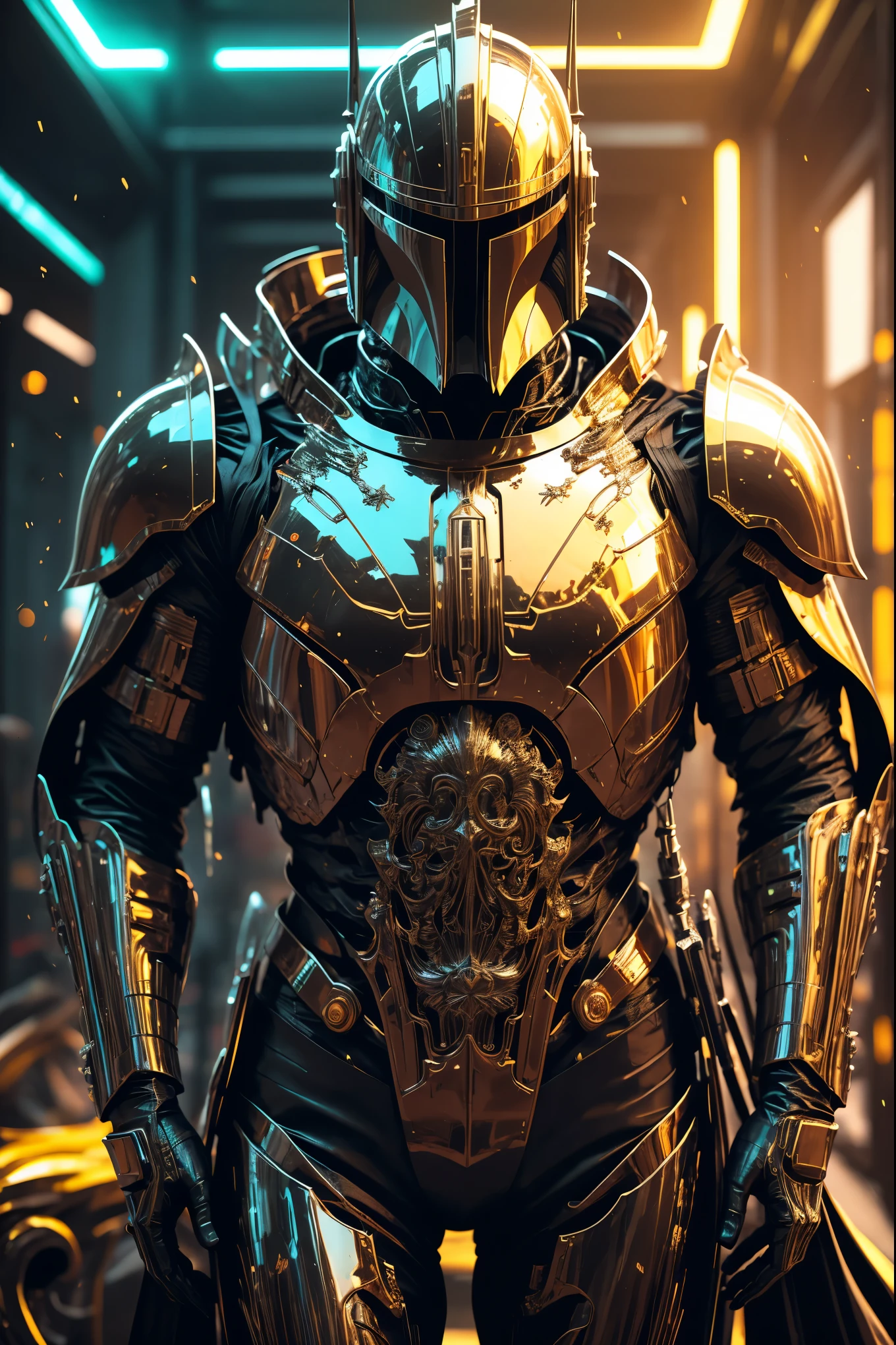 SH4G0D style cyberpunk Dune, cosmic Mandalorian (chrome) 