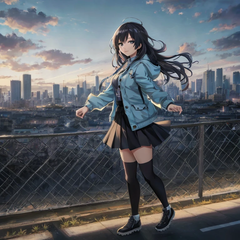 Anime girl in blue jacket and black skirt walks on city street, 4k anime wallpaper, anime style 4 k, anime wallpaper 4 k, anime wallpaper 4k, Anime art wallpaper 8k, 4 k manga wallpaper, ultra hd anime wallpaper, anime art wallpaper 4k, anime art wallpaper 4k, Anime Background, Anime style. 8K