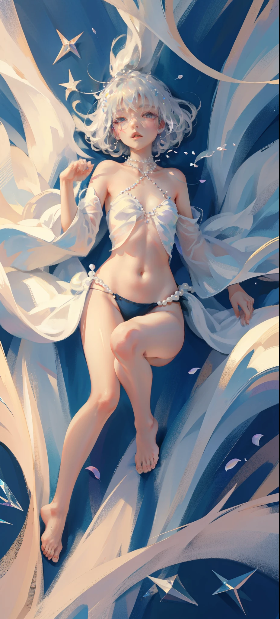 A girl、symmetry，Daughter，whole body 女恋，Put your hands together and bloom，（Very detailed:1.1），((small :1.2))、The eyes are well drawn、Charming eyes、Double tail、Wear jewelry and pearls around your neck，Transparent openwork、Deep V、Crystal Pearls、在Wear jewelry and pearls around your neck，white hair, show your thighs, Bare shoulders, Show clavicle, Yao Liu, barefoot，((whole body))、painful posture