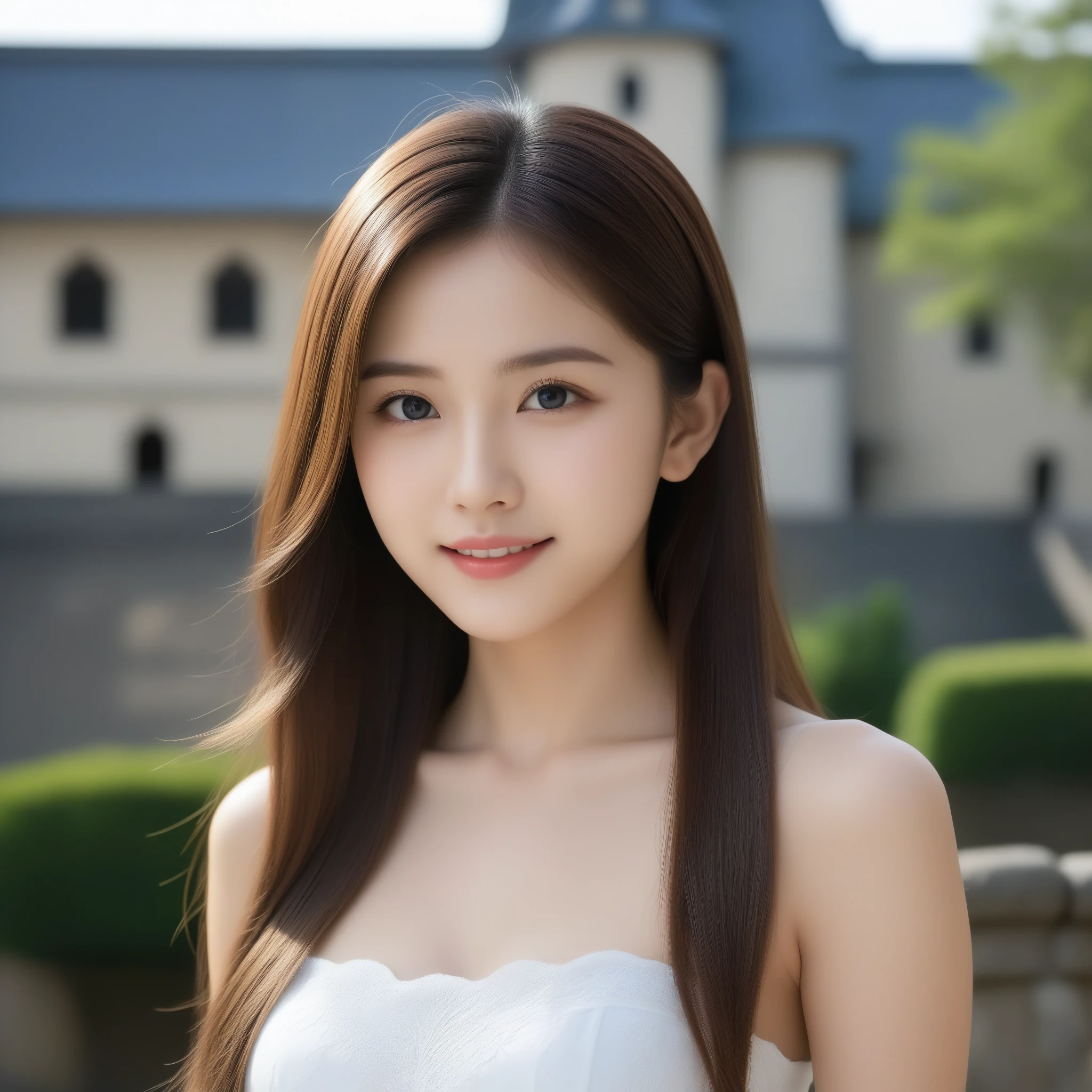8k, Ultra-high resolution, highest quality, masterpiece, Surreal, photograph, 1 girl, (16 years old:1.3), pretty girl, Cute Face, Beautiful eyes in every detail, 細かくdetailedに,masterpiece,, One Girl:1.2, Japan Female Announcer,middle ages，Castle,Princess,clear,Noble,Elegance,From a good family,Long Straight Hair,Pencil Skirt、Ultra-fine face，Fine Eyes，double eyelid,Bold Pose,Looking at the audience、beauty,Long neck、Laugh a little、Please close your mouth and laugh、(((Ideal body type))),A cup small breasts :2,、Portraiture:2、Perfect Anatomy、鮮明なdetailed、detailed、Surreal、Light and shadow,Strong light