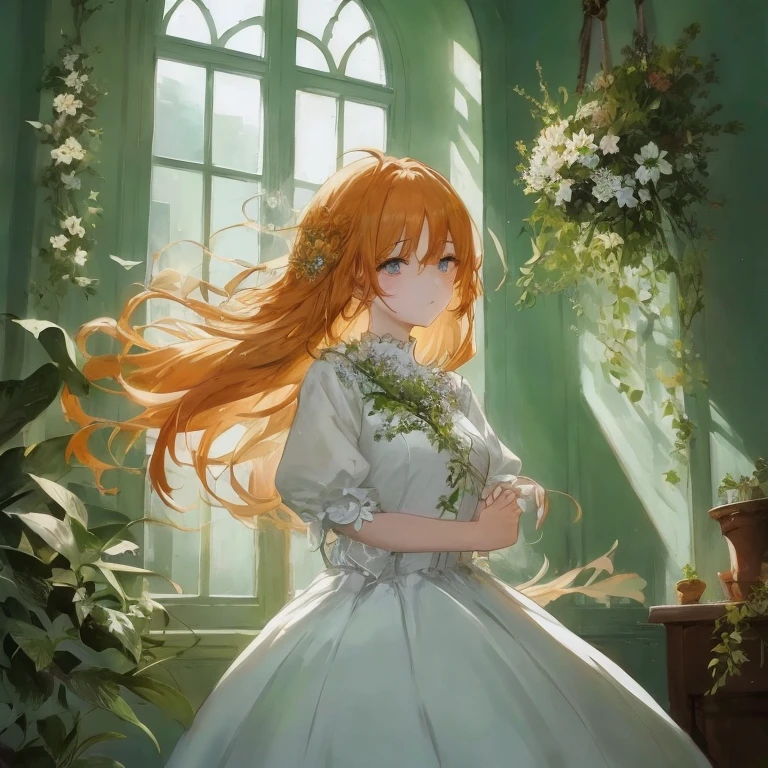 Anime girl in white dress standing in front of window, painted in anime painter studio, guweiz on pixiv artstation, Beautiful Anime Portrait, Trending on ArtStation pixiv, beautiful anime art, Copper-haired maiden, guweiz on artstation pixiv, Violet Evergarden, beautiful anime artwork, Detailed Digital Anime Art, 8k high quality detailed art