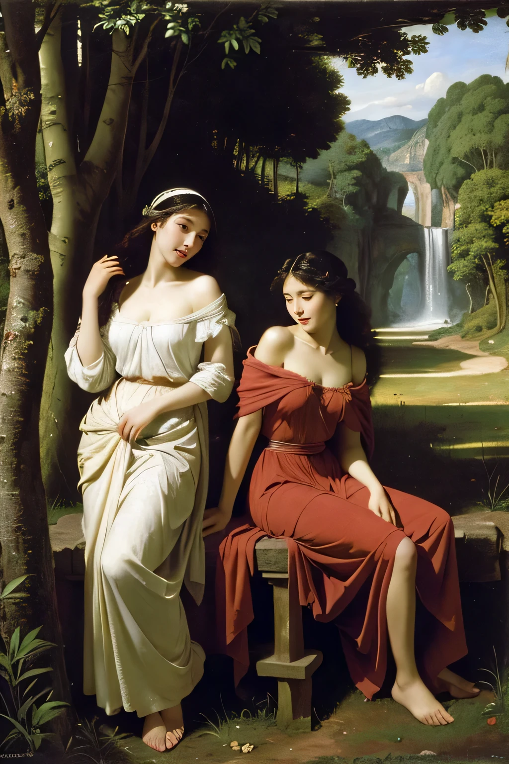 Giorgione painting style,Barbizon forest A beautiful woman in Greek dress smiles on the shore,Sweet and seductive appearance.、Caravaggio's paintings、Chiaroscuro of Caravaggio、hair tousled by the wind,Two women frolicking,cute smile, expression of ecstasy,Sexy,erotic, full body portrait 
