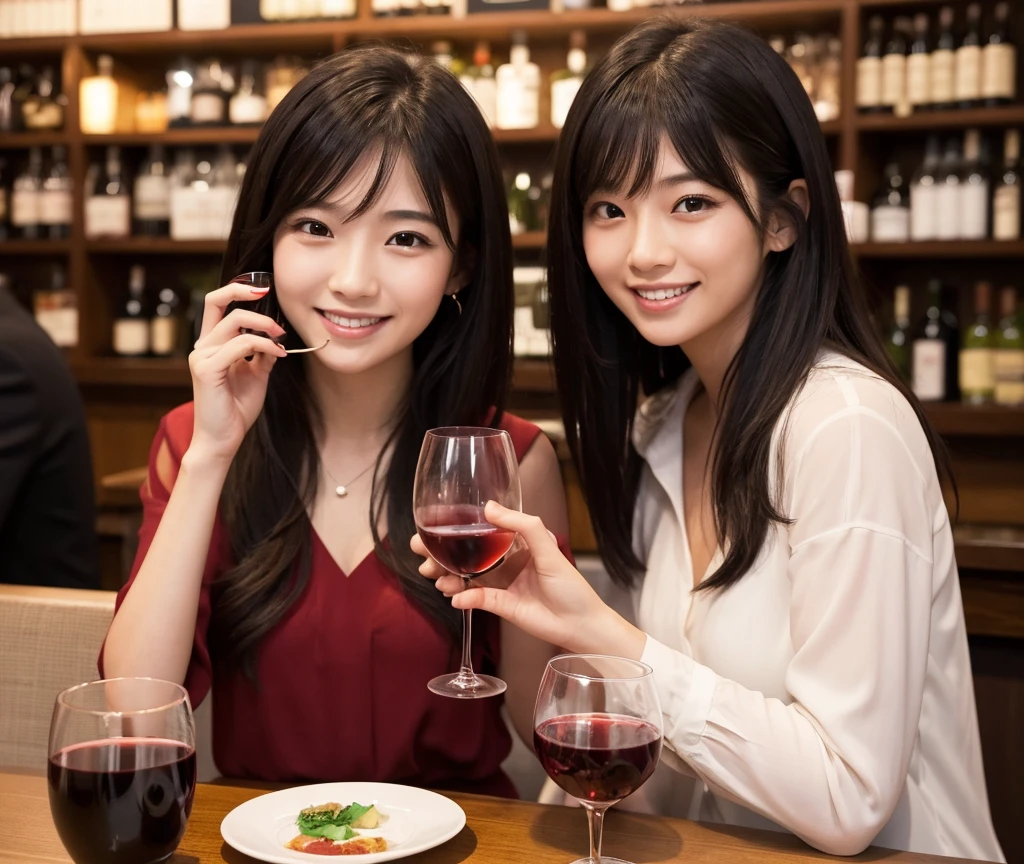 (masterpiece:1.2), high quality, High resolution, High-definition images like those taken with a high-end camera、(Two people, male and female)、sitting next to each other in chairs、(There is food on the table)、The man is a 24-year-old Japanese man.、Cut your hair short、Wearing glasses、Looks quiet、Black Hair、Curly hair、Holding a wine glass with red wine、The woman is an 18-year-old Japanese woman.、A lovely smile while drinking、Holding a cocktail glass filled with a cocktail、The location is a dimly lit bar