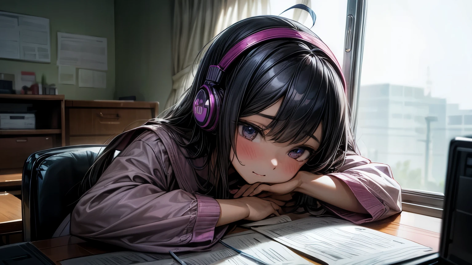 Girl with headphones、Studying at a desk、room、Anime Style