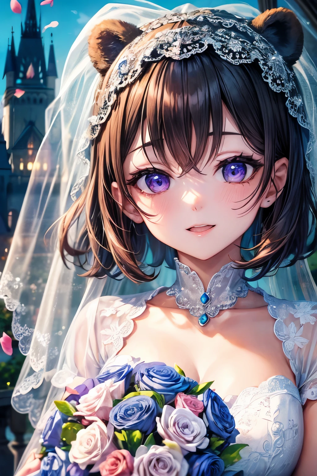 ((worst quality, low quality)), muste piece,best quality,Super detailed,masterpiece, (Cinderella Castle:1.3), (Theme park castle background:1.2), ((Close-up)), ((face focus)), ((Kemonomimi girl with black bear ears:1.2)), solo, ((Black short hair:1.3)), plump and glossy lips, (Beautiful purple eyes:1.3), spoken word heart, (best smile), spoken word heart, (Cute Pose:1.2), (Wedding dress:1.2), (Blong face veil:1.4), (holding a bouquet of flowers:1.2), (perfect hands:1.4), best quality, masterpiece, 32k,