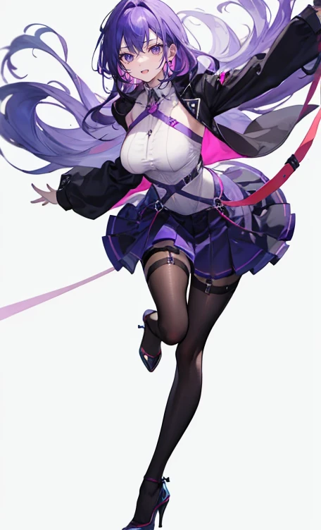 Adult female,Purple Hair,The tips of the hair are bouncing outward,((body harness)),suit,skirt,high heels,((Facing forward)),((Standing upright)),(((full body)))(Simple white background)