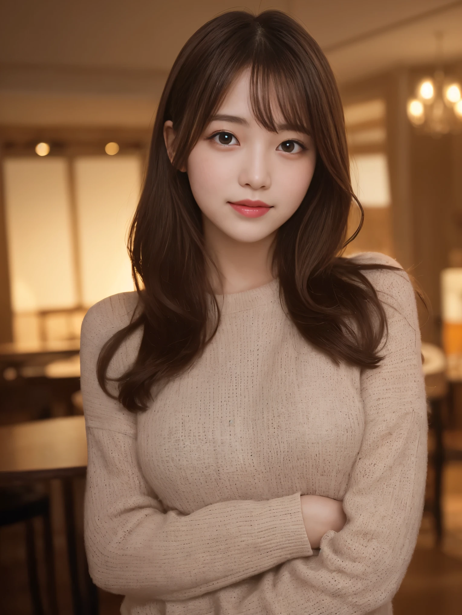 Tabletop, highest quality, shape, Very detailed, finely, High resolution, 8k wallpaper, 完璧なダイナミックな構shape, Beautiful and detailed, Elegant winter clothes,Medium Hair,Small Breasts Natural Color Lip, Bold sexy pose,smile、20-year-old girl、cute、Looking at the camera is sexy,night,Beautiful and elaborate face,Elegant face,Perfect and beautiful face,Slim face and body,Spread your arms wide、Background Blur