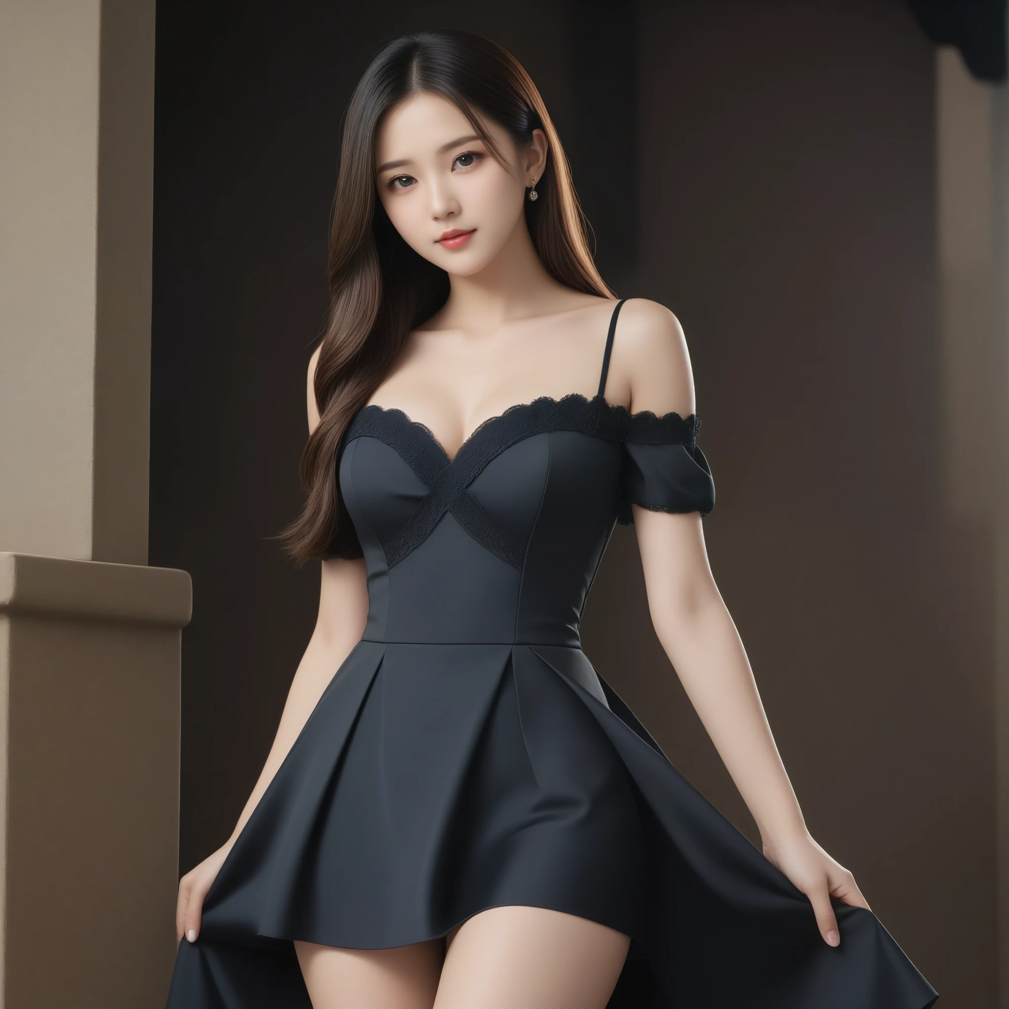 8k, Ultra-high resolution, highest quality, masterpiece, Surreal, photograph, 1 girl, (16 years old:1.3), pretty girl, Cute Face, Beautiful eyes in every detail, 細かくdetailedに,masterpiece,, One Girl:1.2, Japan Female Announcer,Medieval Europe,Castle,Princess,clear,Noble,Elegance,From a good family,black silk dress,Long Straight Hair,Pencil Skirt、Black high heels、Black high heels、Ultra-fine face,Fine Eyes,double eyelid,Bold Pose,Looking at the audience、beauty,Long neck、Laugh a little、Please close your mouth and laugh、(((Ideal body type))),A cup small breasts :2,whole body、Perfect Anatomy、鮮明なdetailed、detailed、Surreal、Light and shadow,Strong light