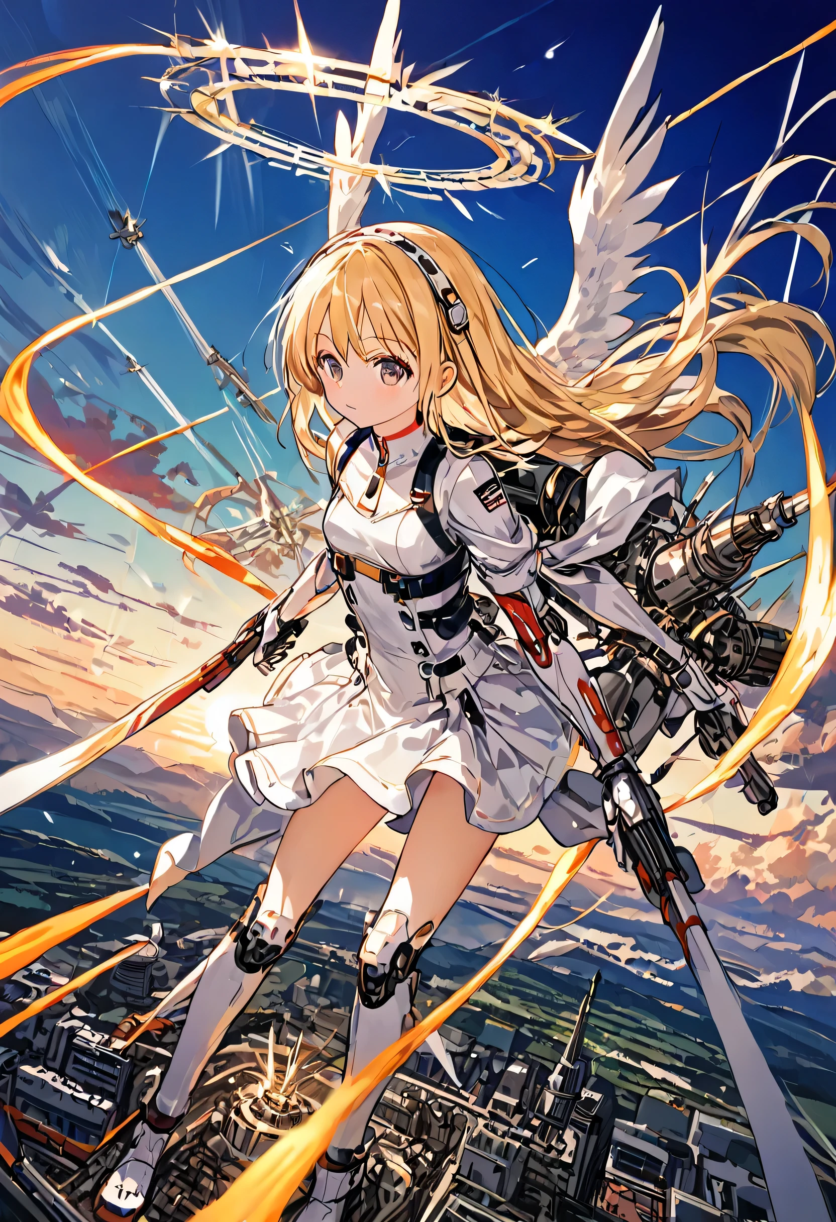 masterpiece, 8k, Girl, Small breasts, , Angel,Light&#39;s Wing, Sky, Light, god々Shii, Mabushii, Blonde, Long Hair, shine, 逆Light, Flare, White suit, Bokeh, (Fantastic scenery), Lots of heavy weapons, Funnel, cyber punk, Dynamic Angle, A lot of missiles, Weapons attached to limbs, Air Combat, in battle
