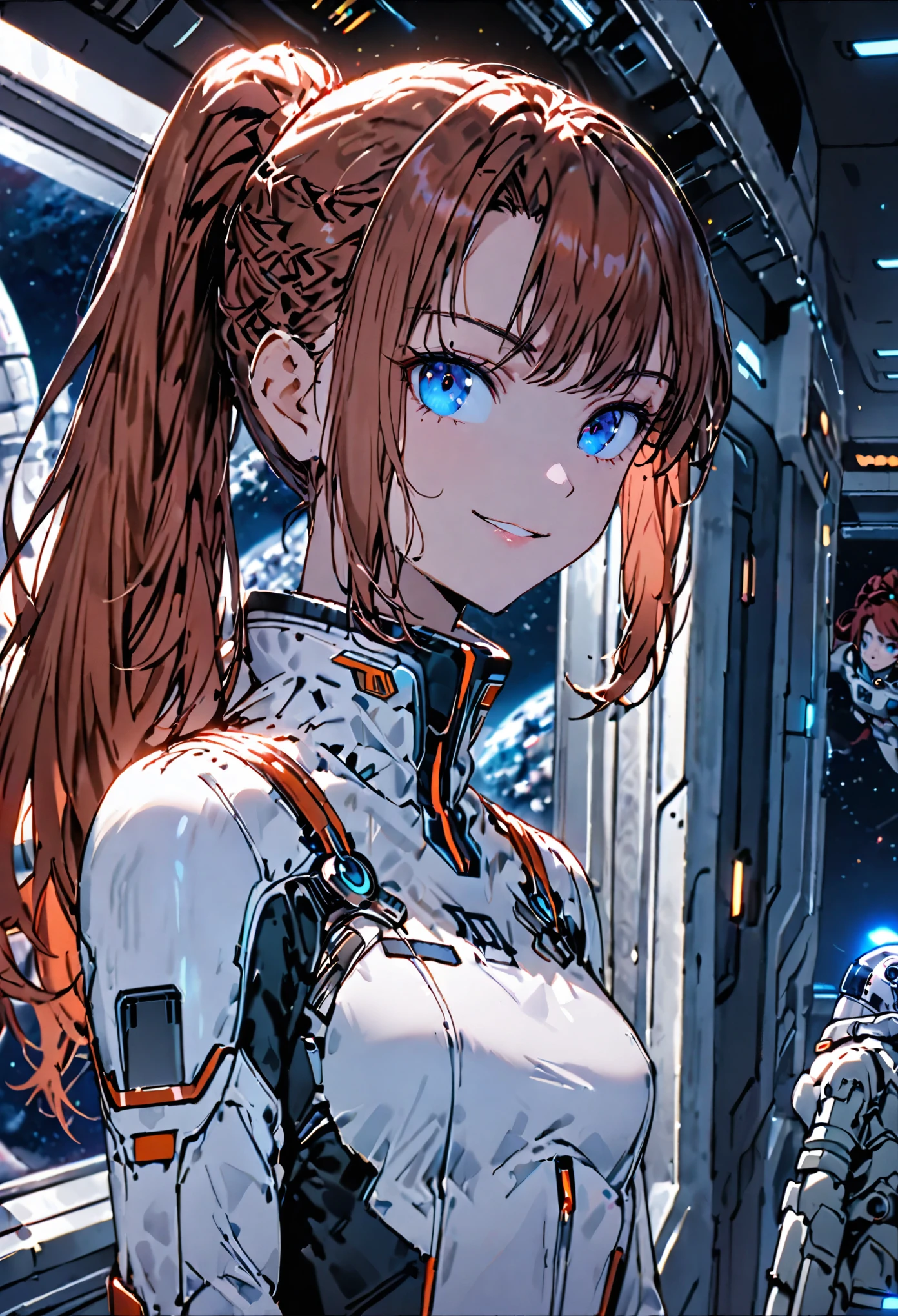 medium shot, female, sfw, spaceship, space landscape, bright, warm atmosphere, long hair, auburn hair, blue eyes, intricate artificial limbs, small breasts, hallway, window, ponytail, spacesuit, bulky equipment, bulky suit, close up, bright smile, office