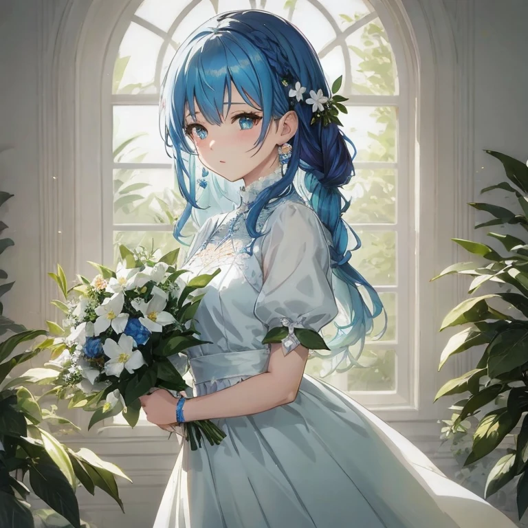 Anime girl with blue hair and blue dress holding bouquet of flowers, Cute anime waifu in a nice dress, guweiz, artwork in the style of guweiz, in dress, guweiz on pixiv artstation, anime moe art style, guweiz on artstation pixiv, with flowers, Beautiful Anime Portrait, Beautiful anime girl, rem rezero