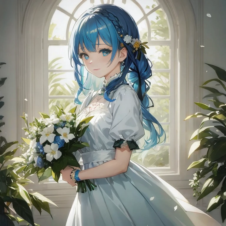 Anime girl with blue hair and blue dress holding bouquet of flowers, Cute anime waifu in a nice dress, guweiz, artwork in the style of guweiz, in dress, guweiz on pixiv artstation, anime moe art style, guweiz on artstation pixiv, with flowers, Beautiful Anime Portrait, Beautiful anime girl, rem rezero