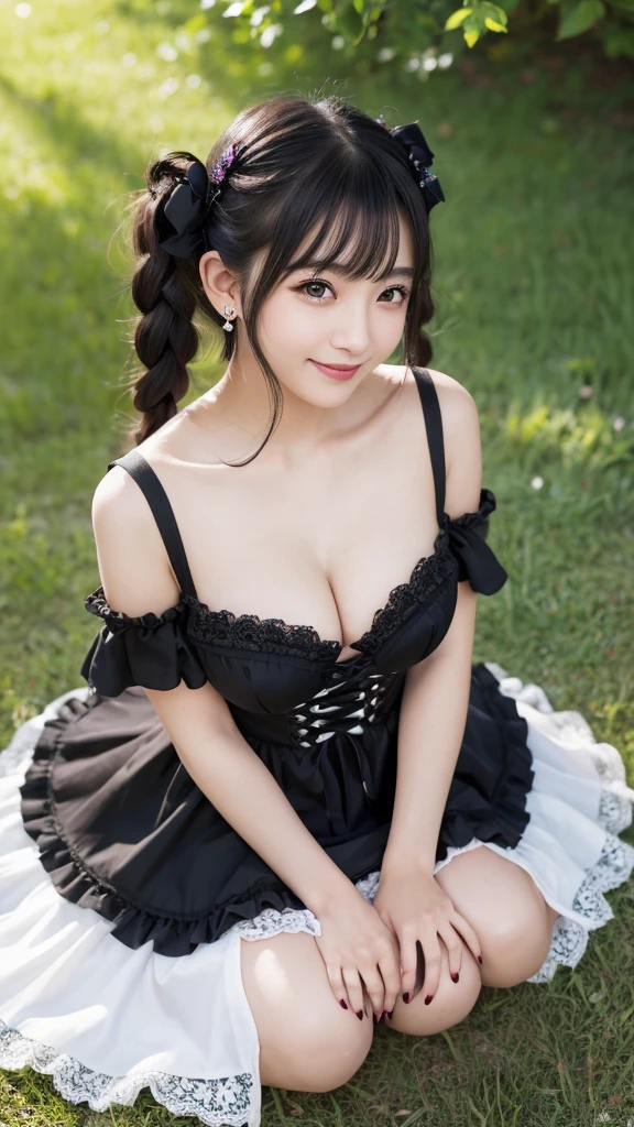 (8k, Photorealistic, Raw photo, Highest quality: 1.4),Japanese idol style1Beautiful girl of the person,18-year-old,Twin tail hairstyle,Black Hair,Hang your hair over your ears,Wearing shell earrings in her ears,Big, clear grey eyes,Long eyelashes,Tear bags,There is a blackhead under the left eye,Plump Cheeks,Pink lip gloss for glossy, plump lips,Smiling,No teeth showing,Both hands have black nail polish on their nails,Large Breasts,The cleavage is visible,barefoot,Both toenails have black nail polish,Wearing a black off-the-shoulder gothic ta dress,The gothic loliress is accented with white lace in parts.,Standing on the grass under a tree in the park,Arms folded under chest,She is surrounded by the gentle sunlight filtering through the trees.,Knee Top Portrait,View from below,Looking down at the camera