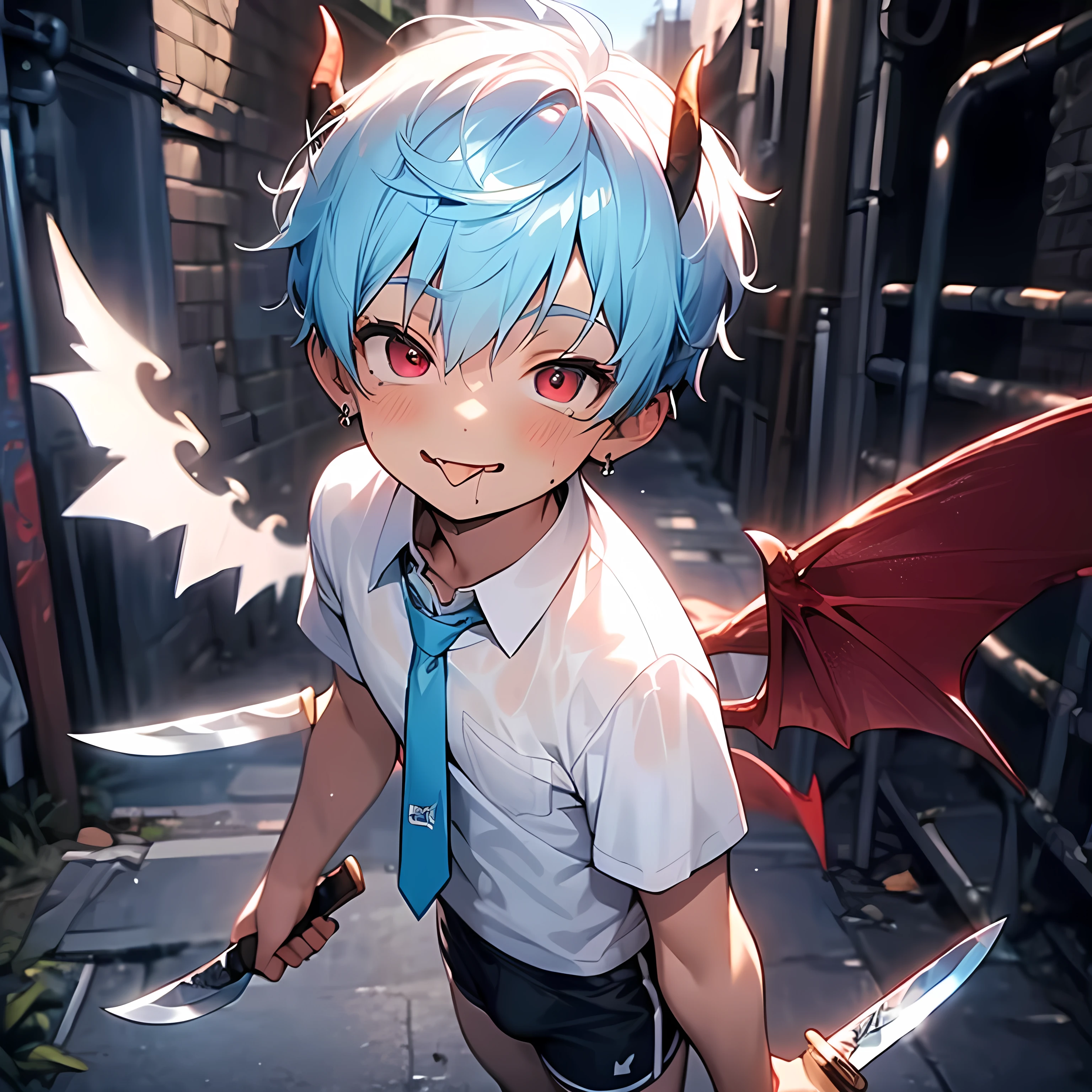 (boldline:-1.6), (arched back:1.3), (holding knife:1.5), (licking knife:1.5), BREAK (with devil wings on back:1.7), BREAK (best quality:1.5), (absolutely resolution:1.5), (ultra detailed:1.5), (masterpiece:1.5), (perfect face:1.5), (detailed face:1.3), (detailed eyes:1.5), (cute face), (shota:1.7), BREAK (white collard shirts), BREAK (wine red necktie), (black short pants), (see throgh wet clothes), (bulge:1.5), (skinny:1.3), (spiked hair), BREAK (light blue hair:1.5), (wine red eyes:1.4), (half close eyes:1.3), (eyes with high light), ((mole under eye)), (sweaty skin), (grin:1.3), (blush:1.2), ((earrings)), (shiny skin:1.3), BREAK (dirty alley:1.5), (((dust box))), (flying bat:1.3), (at night), ((wind blowing)), (nipple), wide angle, look down, from below, look at viewer,