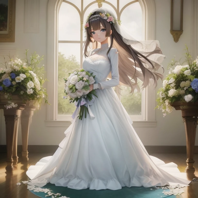 Anime girl in wedding dress with flowers in her hair, Beautiful maiden, official artwork, beautiful anime art, Official art, beautiful anime artwork, Cute anime waifu in a nice dress, official anime artwork, Beautiful anime, beautiful anime woman, Beautiful anime girl, with flowers, high detailed official artwork, anime goddess, Beautiful Anime Portrait, Rin, marin kitagawa fanart