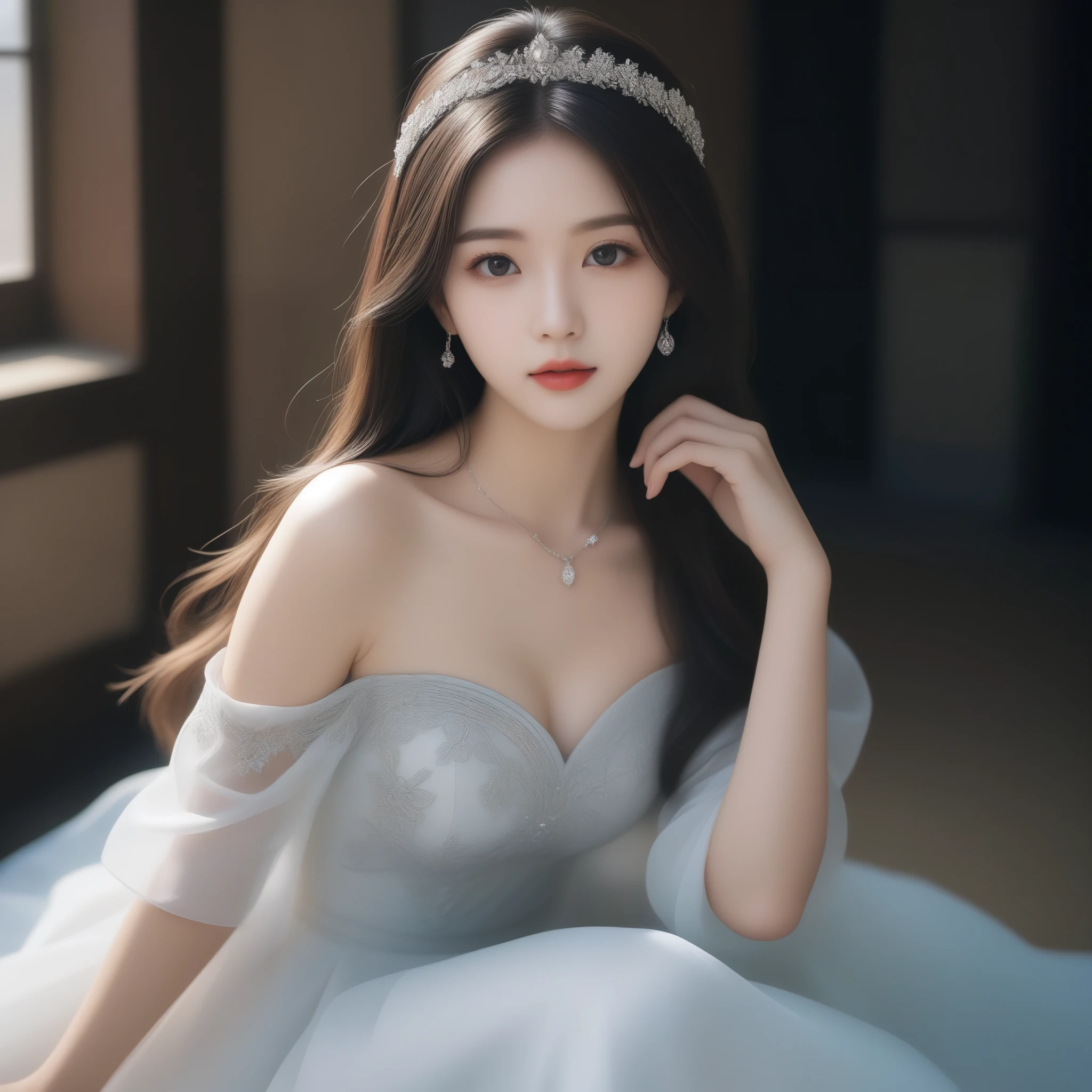 8k, Ultra-high resolution, highest quality, masterpiece, Surreal, photograph, 1 girl, (************:1.3), pretty girl, Cute Face, Beautiful eyes in every detail, 細かくdetailedに,masterpiece,, One Girl:1.2, Japan Female Announcer,Medieval Europe，Castle,Princess,clear,Noble,Elegance,From a good family,black silk dress,Long Straight Hair,Pencil Skirt、Black high heels、Black high heels、Ultra-fine face，Fine Eyes，double eyelid,Bold Pose,Looking at the audience、beauty,Long neck、Laugh a little、Please close your mouth and laugh、(((Ideal body type))),A cup small breasts :2,whole body、Perfect Anatomy、鮮明なdetailed、detailed、Surreal、Light and shadow,Strong light