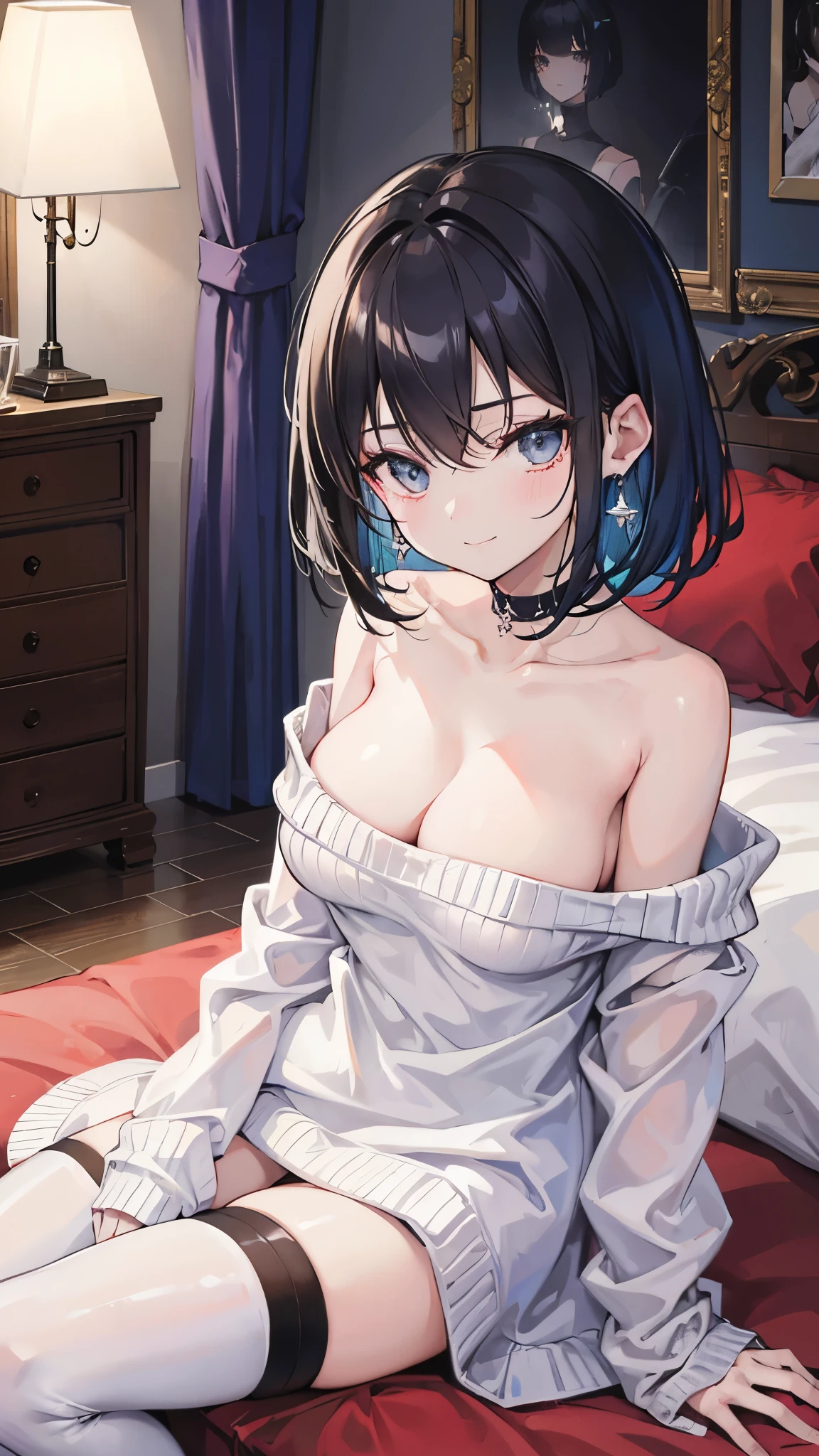 (8k、Best image quality、highest quality、masterpiece)、Detailed face、One girl、Black Hair、short hair、Grey Eyes、Earrings、evil smile、Large Breasts、((white knit))、Off the shoulder、Strapless、cleavage、black thighhighs、Sit on the bed、Bedroom Background