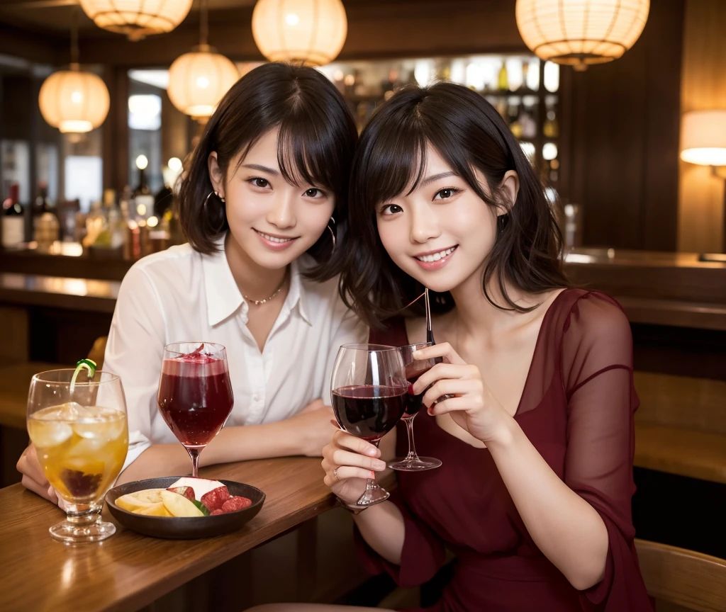 (masterpiece:1.2), high quality, High resolution, High-definition images like those taken with a high-end camera、(Two people, male and female)、sitting next to each other in chairs、(There is food on the table)、The man is a 24-year-old Japanese man.、Cut your hair short、Wearing glasses、Looks quiet、Black Hair、Curly hair、Holding a wine glass with red wine、The woman is an 18-year-old Japanese woman.、A lovely smile while drinking、Holding a cocktail glass filled with a cocktail、The location is a dimly lit bar