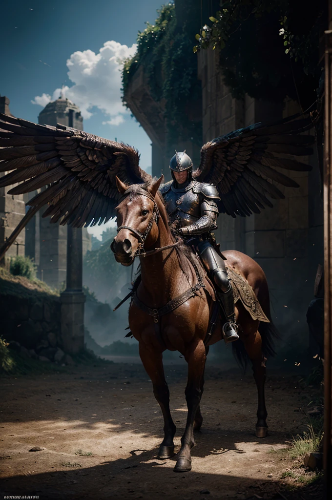 a powerful muscular man with wings attached to a horse, a brave armored soldier holding a sword, detailed armor, intricate wing feathers, dramatic lighting, cinematic composition, fantasy, digital painting, realistic, 8k, high quality, hyperrealistic, detailed anatomy, dramatic shadows, glowing magical energy, epic fantasy scene