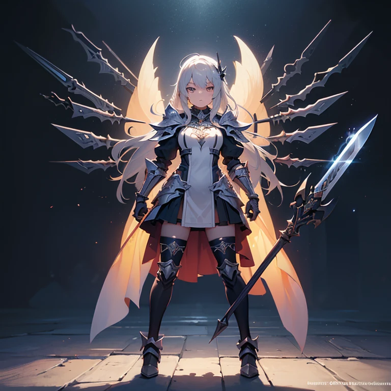 Design a layout showcase Gaming character, (1girl). Golden+Purle clothes, stylish and unique, ((showcase weapon:1.4)), magic staff, (masterpiece:1.2), (best quality), 4k, ultra-detailed, (Step by step design, layout art:1.5), (luminous lighting, atmospheric lighting), magican, ((glove full hands)), (((revealing clothes:1.3))), vambraces, armored legwear, (((full_body_shot:1.4)))