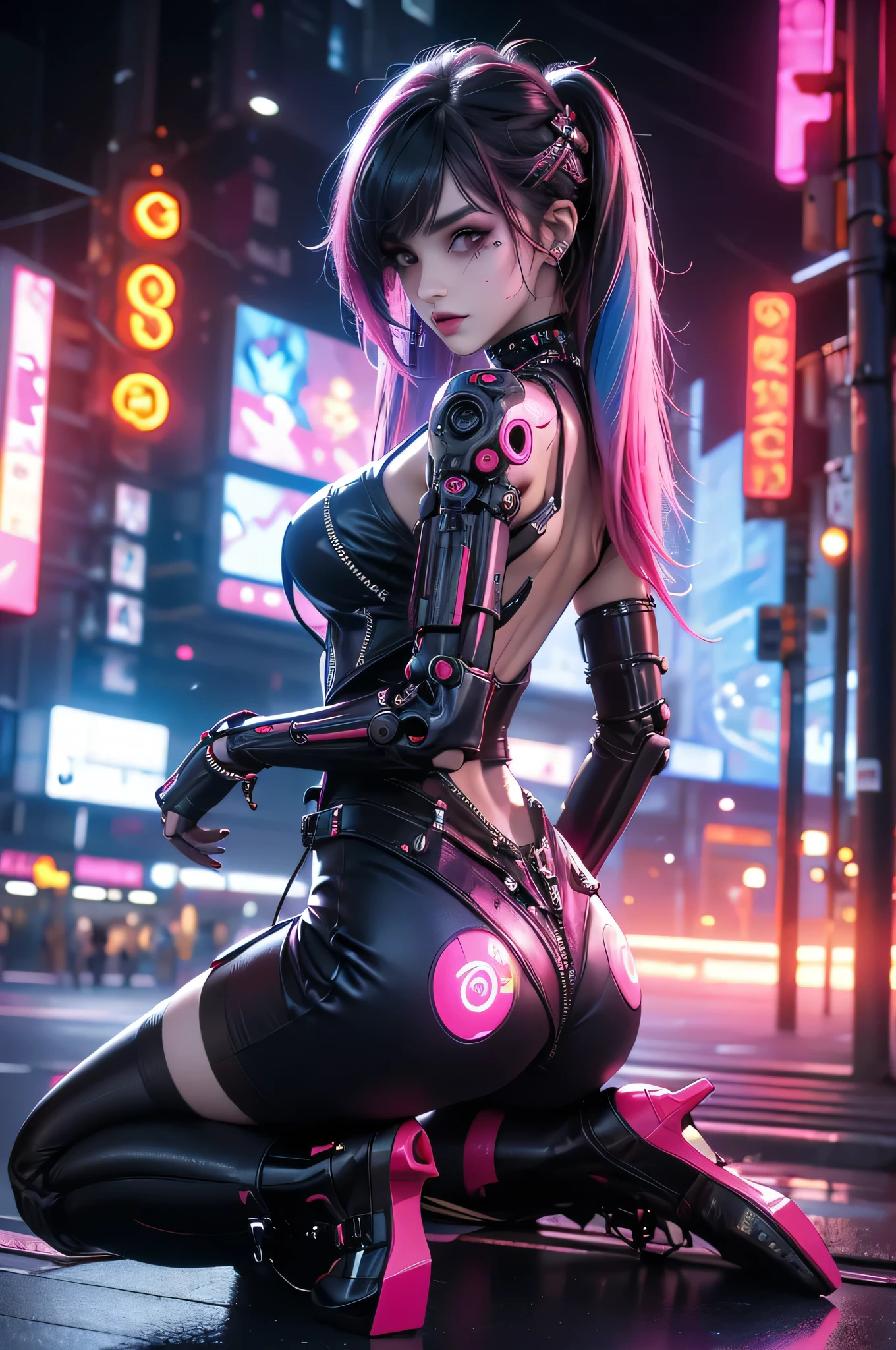 (masutepiece, of the highest quality, Best Quality, Official art, Beautiful and aesthetic:1.2),(1girl in:1.4),Full body,([Pink|Blue] hair:1.5),ighly detailed,(Fractal Art:1.3),(Colorful:1.5),highest details,(Mechanical modification:1.3),(corrected:1.2),Maiden,(A complex mechanical conduit is inserted into the back:1.5),catheter,(Neon background:1.4),(Neon City:1.75),Night,Large breasts,(Gothic_Lolita:1.2),high-heels,(:0.75),makeup,blush,(Cyberpunk:1.4),((Looking at Viewer:1.3)),((Looking back)),Sofia Boutella, brunette, sun burn, Colossal , Nikon D850 Film Stock Photography 4 Kodak Portra 400 Camera F1.6 lens rich colors hyper realistic lifelike texture dramatic lighting unrealengine trending on artstation cinestill 800,