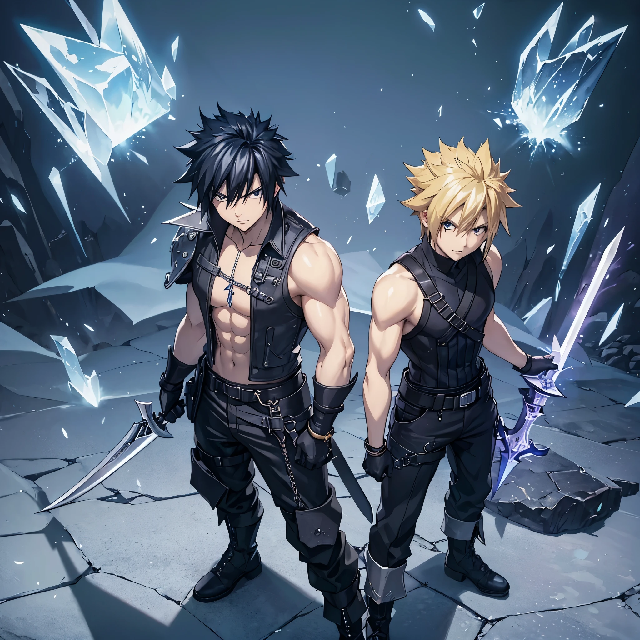 A man wearing a Final Fantasy VII (SQUARE ENIX) cloud strife costume, black steel bracelet, black hair, dark blue eyes, black boots, navy blue pants, navy blue sleeveless shirt, holding in both hands a long ice sword, standing postured with the sword, muscular. full body. shadow, flower, UHD, masterpiece, accurate, anatomically correct, textured skin, super detail, high quality, best quality, 8k, high resolution, bokeh effect. (man alone)