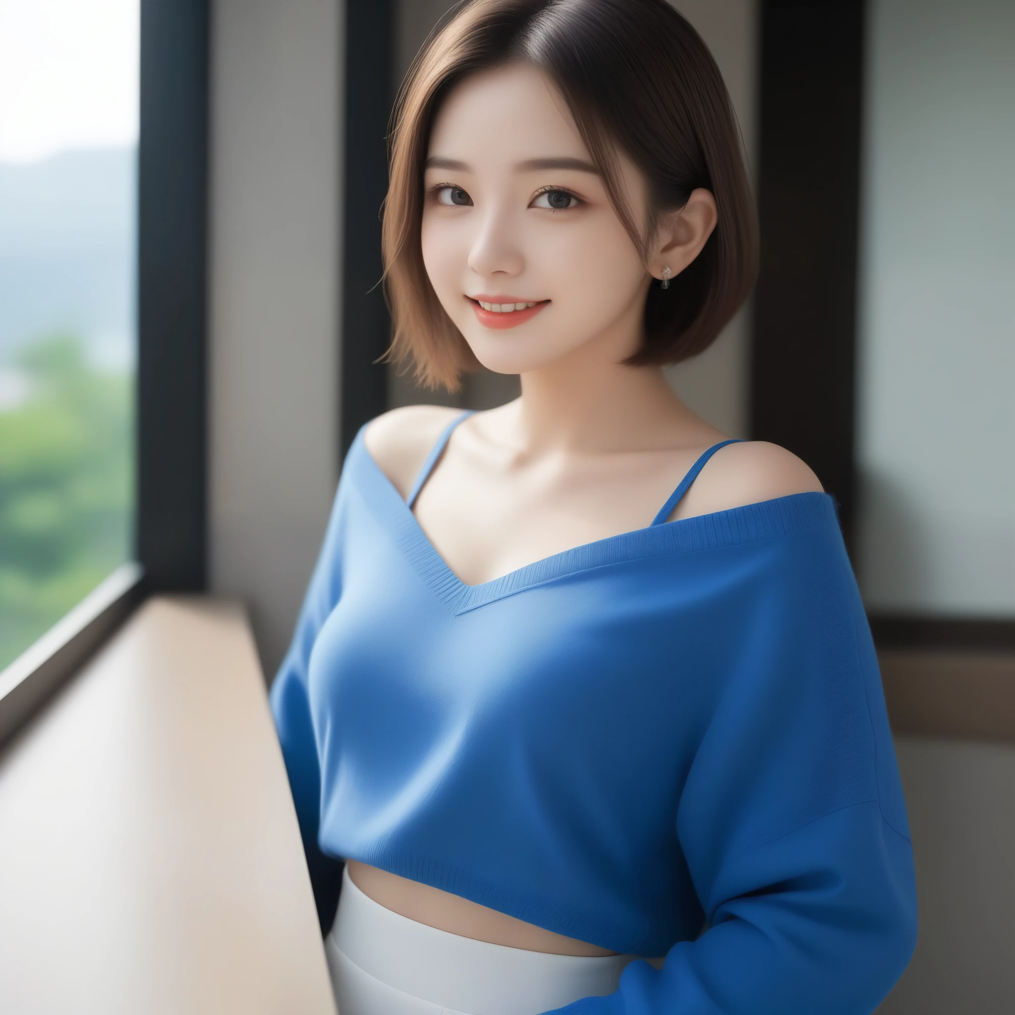 8k, Ultra-high resolution, highest quality, masterpiece, Surreal, photograph, 1 girl, (:1.3), cute女の子, cute顔, Beautiful eyes in every detail, 細かくdetailedに,masterpiece,, One Girl:1.2, Japan Female Announcer,((highest quality、Best image quality、Ultra-high resolution、Ultra-high resolutionで描画、solo、Please look closely at the camera、Light-colored eyes))、1 girl、Realistic、Depth of written boundary、Natural soft light、Daytime、attractive、Beautiful Face、Cleanliness、Pure Face、White skin、cute、short hair、Beach、Light of the sun、Medium Breast、whole bodyエスビアン、((Light dark blue sweater、黄金比のBeautiful Face、Very beautiful big、Beautiful and very large breasts、I opened my chest、Show to the audience、Expose your hips、Expose your shoulders、Lean forward to show your breasts))、Long neck、Listen carefully、Neat short bob with bangs、Keep your mouth shut and laugh heartily、Perfect Fingers、Perfect hands、Perfect body、Perfect Face、Shine a light into your eyes、Perfect Anatomy、Tall Supermodels、Long-legged supermodel、Supermodel with a Long neck、Broad shoulders、Arms hang down at sides、stand、Bust seen from slightly above、Bright windowsill background、Smile at the audience、Laughter、smile、Today is very big、Beautiful Teeth、Beautiful Teeth alignment、Open your chest wide、Beautiful décolletage、Very beautiful sexy woman in revealing clothes、Focus on your audience、Look up a little at the viewer above you.、Ultra-fine face，Fine Eyes，double eyelid,Bold Pose,Looking at the audience、beauty,Long neck、少しsmile、Please close your mouth and laugh、(((Ideal body type))),A cup small breasts :2,whole body、Perfect Anatomy、鮮明なdetailed、detailed、Surreal、Light and shadow,Strong light