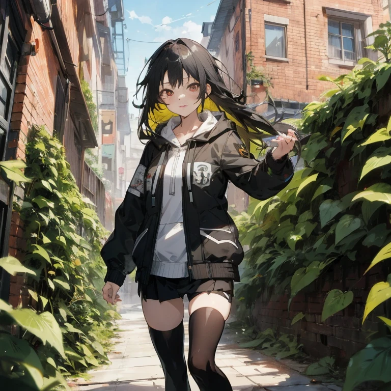 Anime girl in short skirt and jacket walks down the street, anime style 4 k, artwork in the style of guweiz, forest city streets behind her, best anime 4k konachan wallpaper, young anime girl, guweiz, girls frontline style, standing in an alleyway, 4k anime wallpaper, an anime girl, anime moe art style