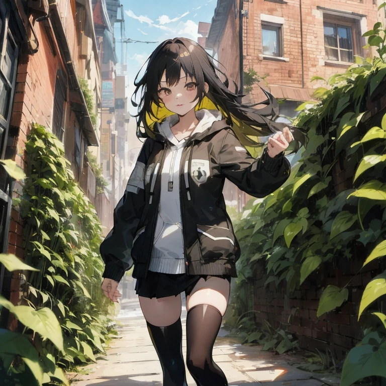 Anime girl in short skirt and jacket walks down the street, anime style 4 k, artwork in the style of guweiz, forest city streets behind her, best anime 4k konachan wallpaper, young anime girl, guweiz, girls frontline style, standing in an alleyway, 4k anime wallpaper, an anime girl, anime moe art style