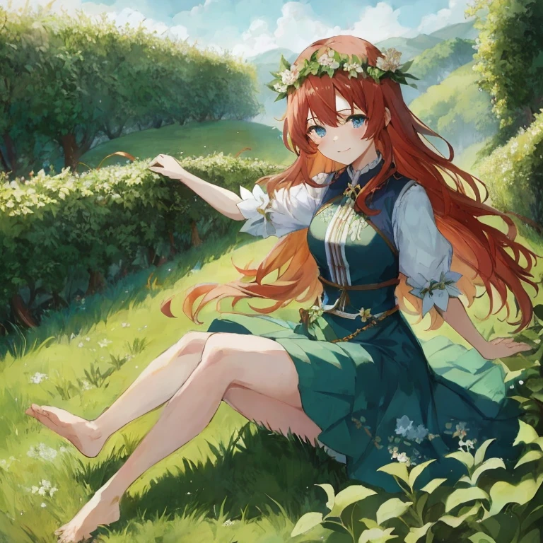 Anime girl sitting in the grass with a flower crown on her head, anime lush john 8k woods, Beautiful anime girl, marin kitagawa fanart, Cute anime waifu in a nice dress, nature goddess, cushart krenz key art feminine, anime nature, Anime Girl with Long Hair, Beautiful maiden, beautiful anime art, anime countryside landscape
