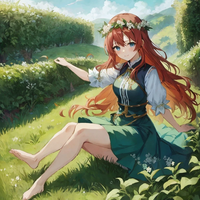 Anime girl sitting in the grass with a flower crown on her head, anime lush john 8k woods, Beautiful anime girl, marin kitagawa fanart, Cute anime waifu in a nice dress, nature goddess, cushart krenz key art feminine, anime nature, Anime Girl with Long Hair, Beautiful maiden, beautiful anime art, anime countryside landscape