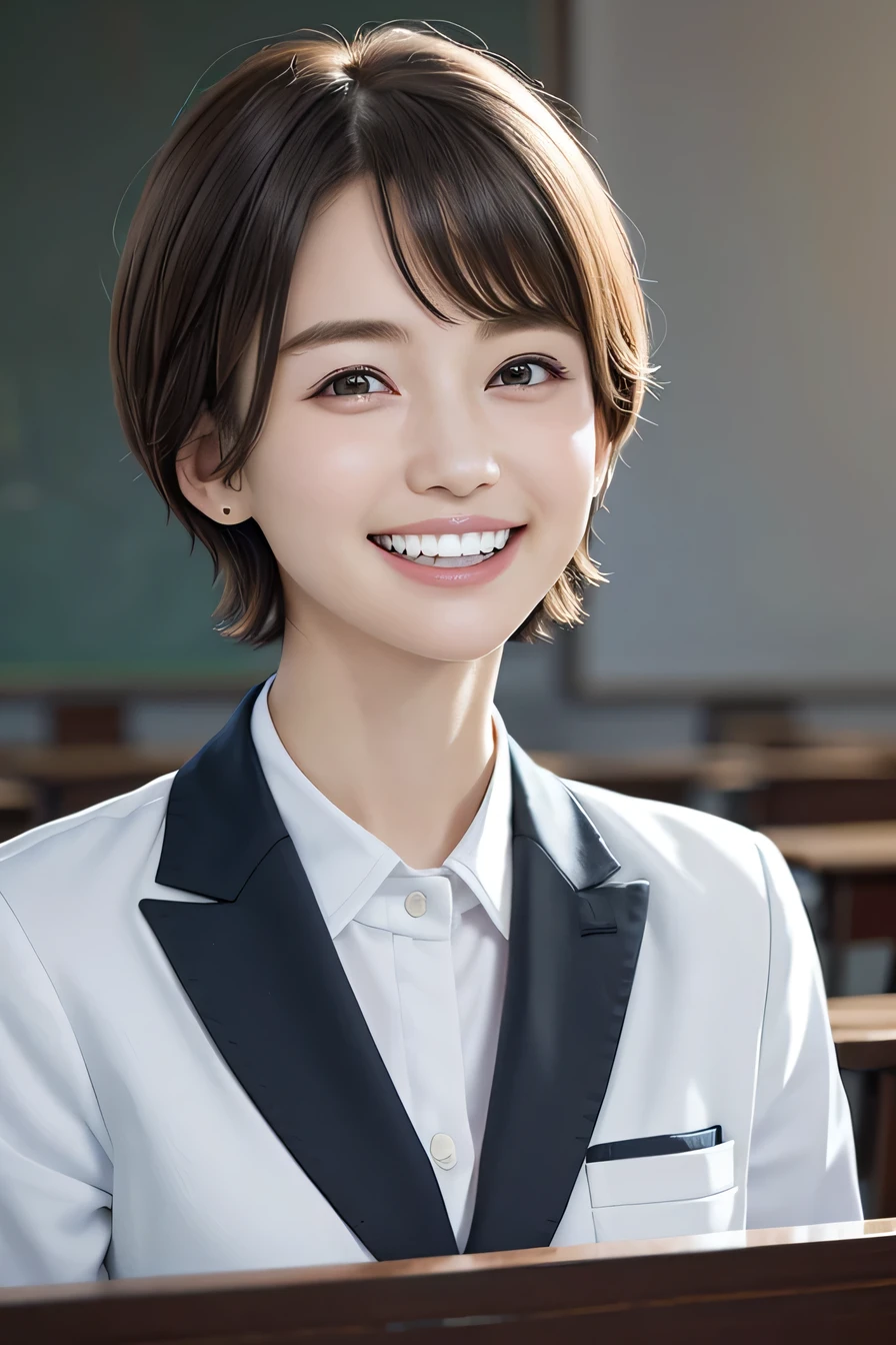 205 ((short hair)), １７Old woman, College uniforms、Blazer uniform、Worn uniform、smile、Beautiful teeth alignment、Black Hair、ear piercing、Looking into the camera, The background is the classroom