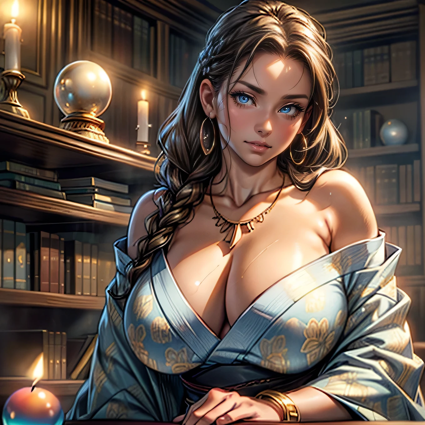 Masterpiece, Best Quality, (((Solo mature woman Janet))), (((brunette hair))), long braided Ponytail, (((wide hips))), (((light blue eyes))), full lips, seductive smile, cleavage, sitting on wooden throne, (((bookshelves, candles))) sunset, blushing, , "beautiful mature face" , age30 , MILF , adult ((open kimono with detailed patterns of gold)), bare shoulder, ((Sexual suggestiveness)), perfect beautiful eyes, detailed eyes. thick lips, ((big boobs)), (Thick thighs), top down, looking down, (((shiny skin))), (((chubby))), (((crystal Ball)), necklace, bracelets, hoop earrings, (((European Face)))