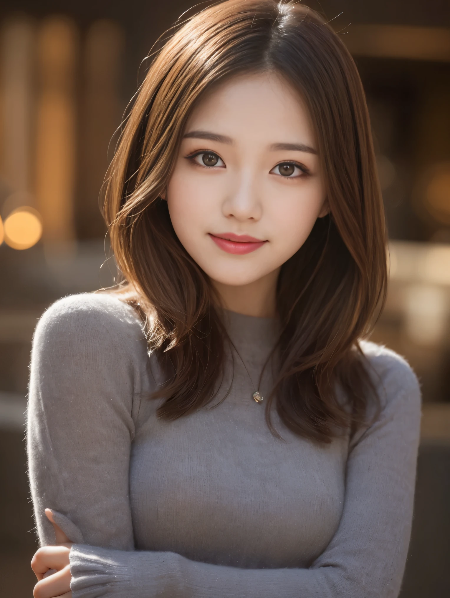 Tabletop, highest quality, shape, Very detailed, finely, High resolution, 8k wallpaper, 完璧なダイナミックな構shape, Beautiful and detailed, Elegant winter clothes,Medium Hair,Small Breasts Natural Color Lip, Bold sexy pose,smile、20-year-old girl、cute、Looking at the camera is sexy,night,Beautiful and elaborate face,Elegant face,Perfect and beautiful face,Slim face and body,Spread your arms wide、Background Blur