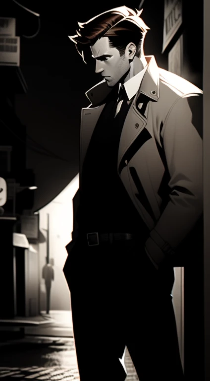  Mid 20s male detective, brown hair, detailed, toned body, simple, ???? et blanc, monochrome, looking at viewer, plain looking, white shirt and tie, gritty, unshaven, trench coat, standing at a street corner in front of a dive bar